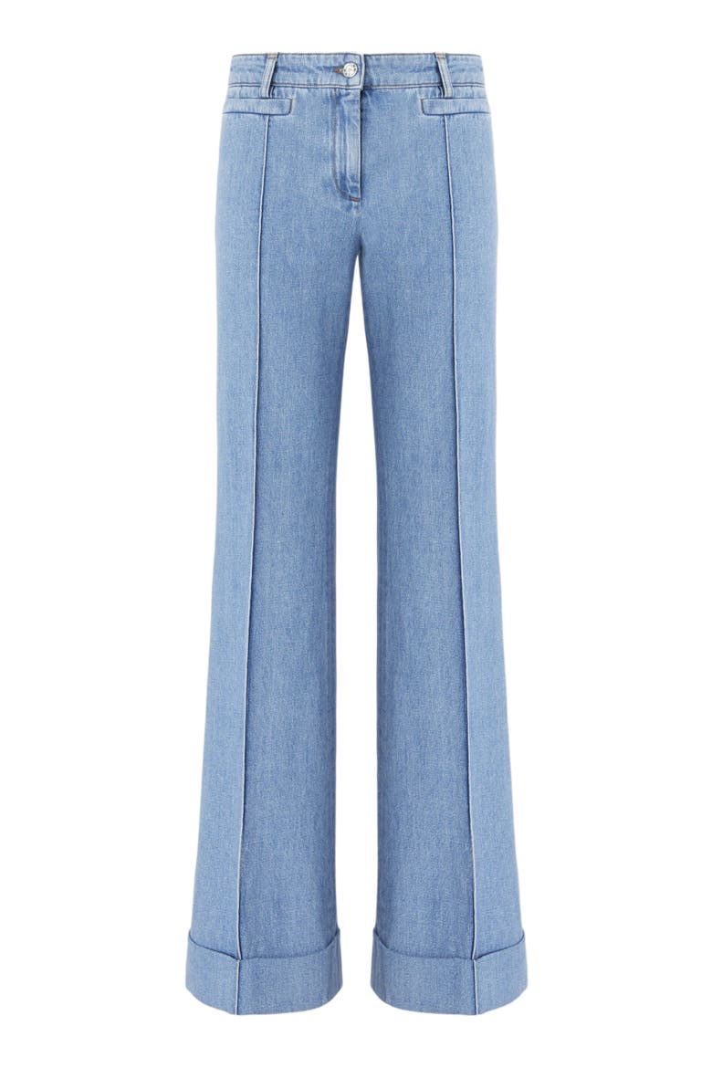 Flared Denim Trousers With Turn-up Hem And Center Crease, Alternate, color, Denim Blue