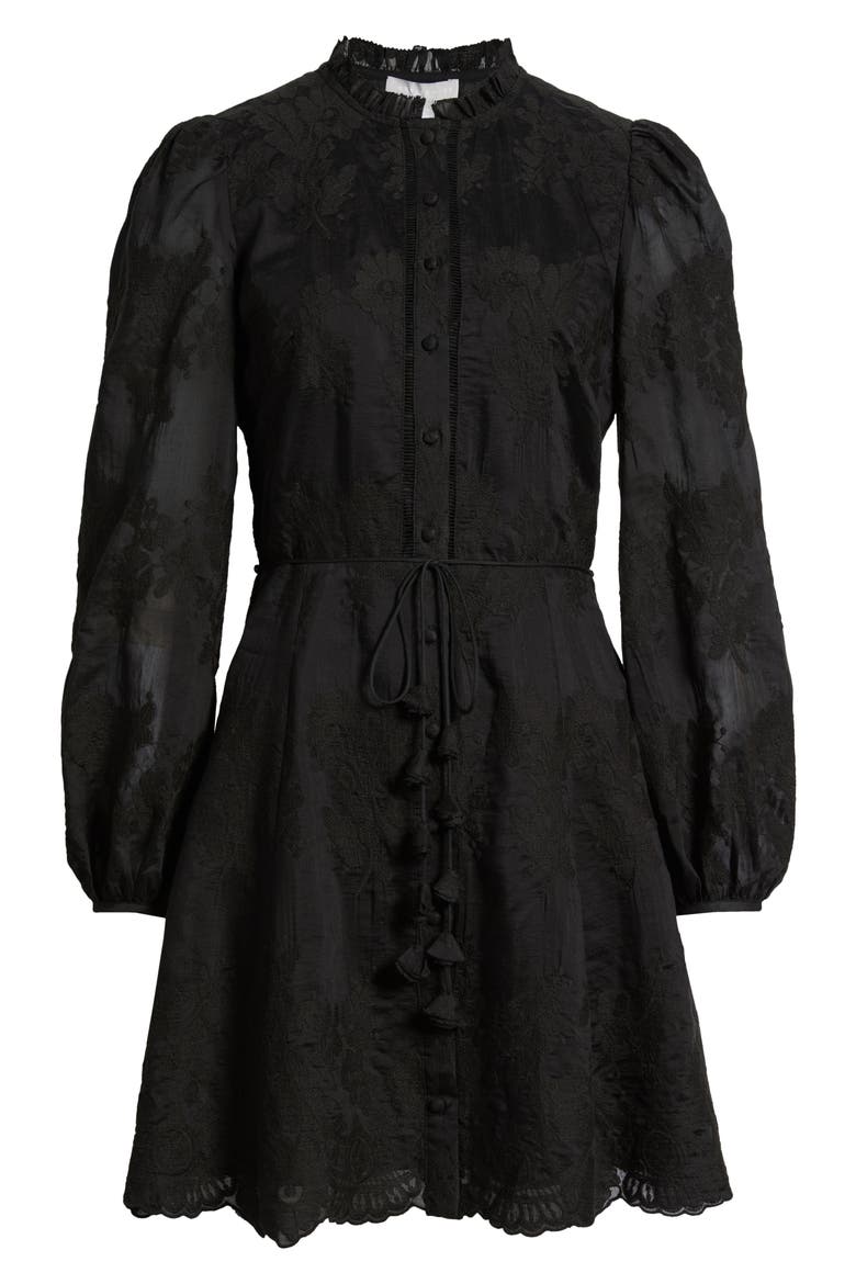 Ruffle Collar Embroidered Long Sleeve Dress, Alternate, color, BLACK