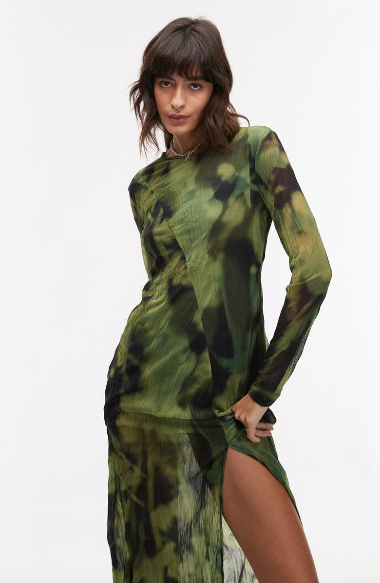 Topshop Blurred Floral Long Sleeve Mesh Midi Dress, Alternate, color, 
