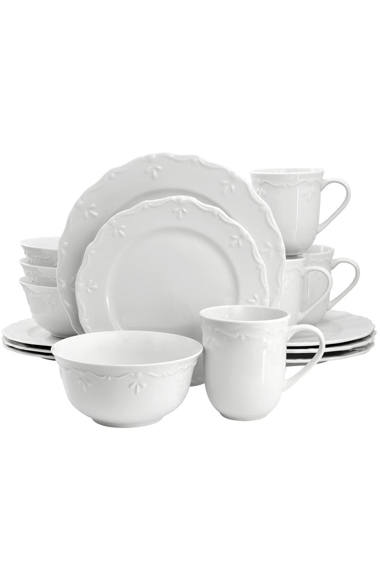 Elama Henryi 16 Piece Porcelain Dinnerware Set, Main, color, White