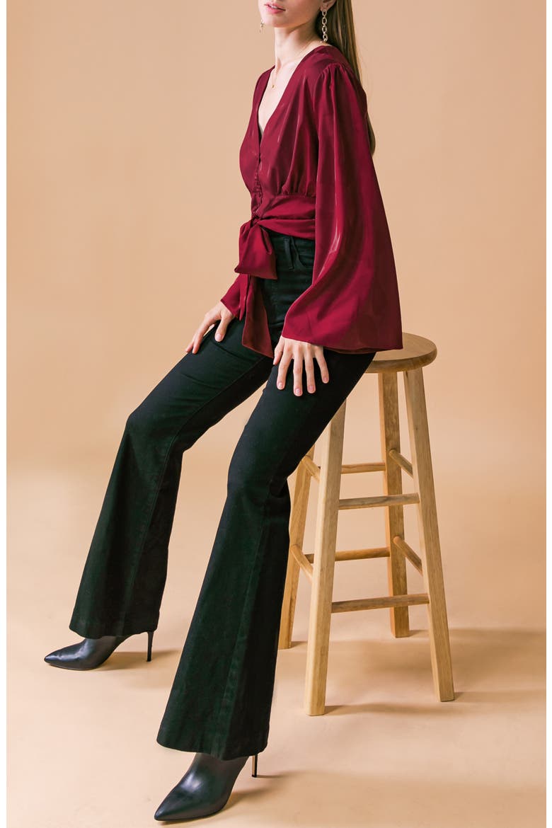 Front Tie Long Sleeve Satin Top, Alternate, color, BURGUNDY