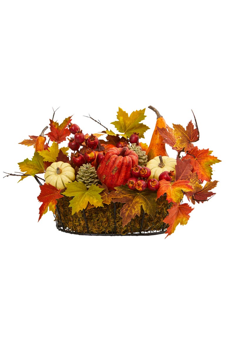 NEARLY NATURAL Pumpkin, Gourd, Berry and Maple Leaf Artificial Arrangement, Main, color, Orange