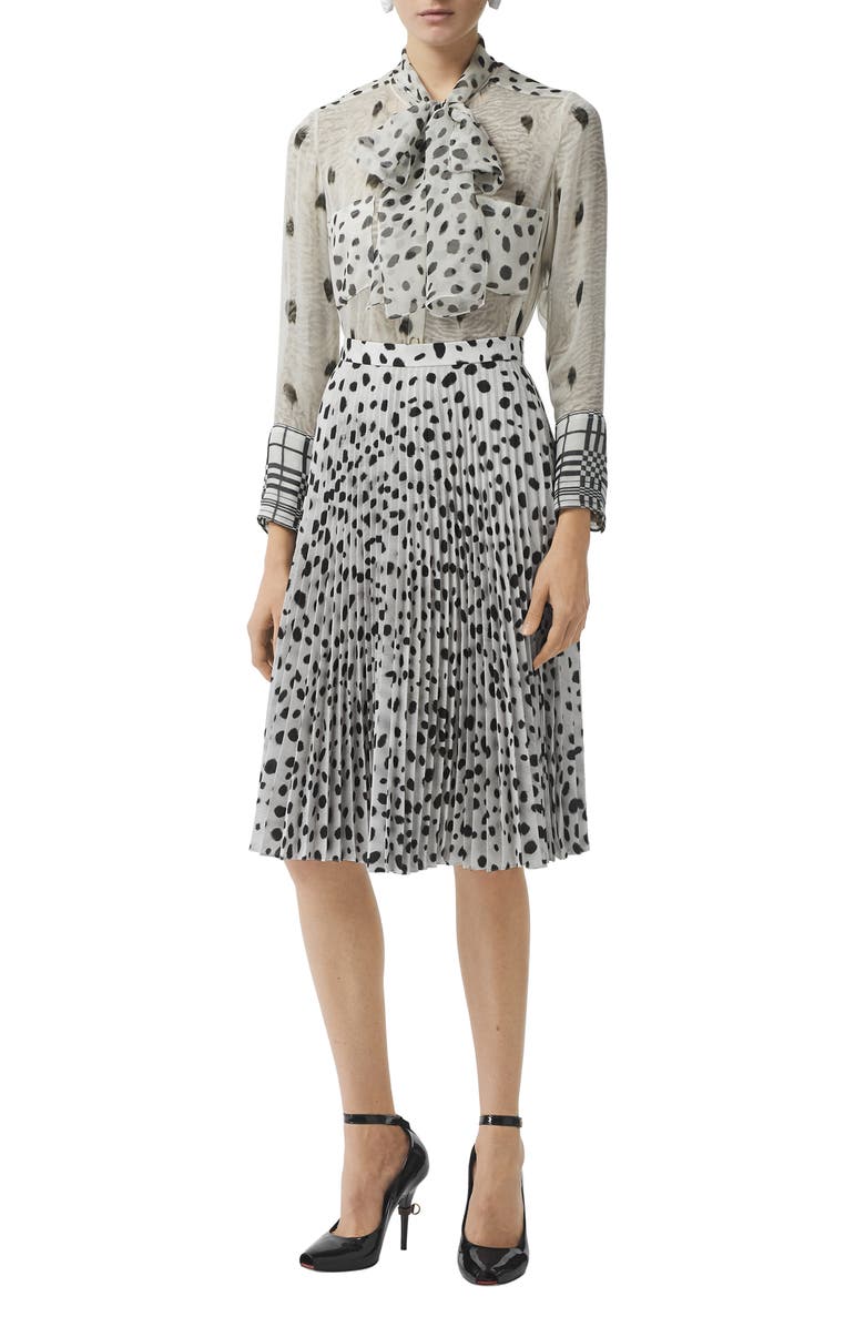 Burberry Dalmatian & Check Print Mulberry Silk Blouse, Alternate, color,