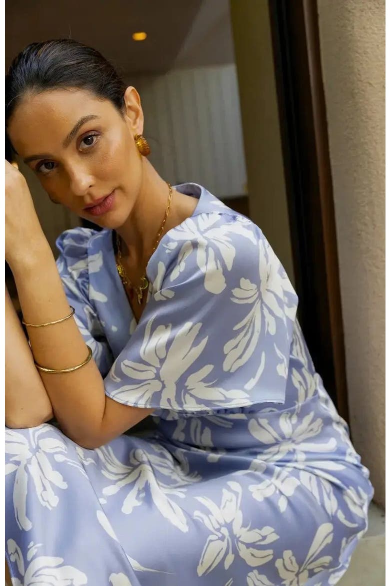 Ellis V-Neck Dress, Alternate, color, Blue Lily Print