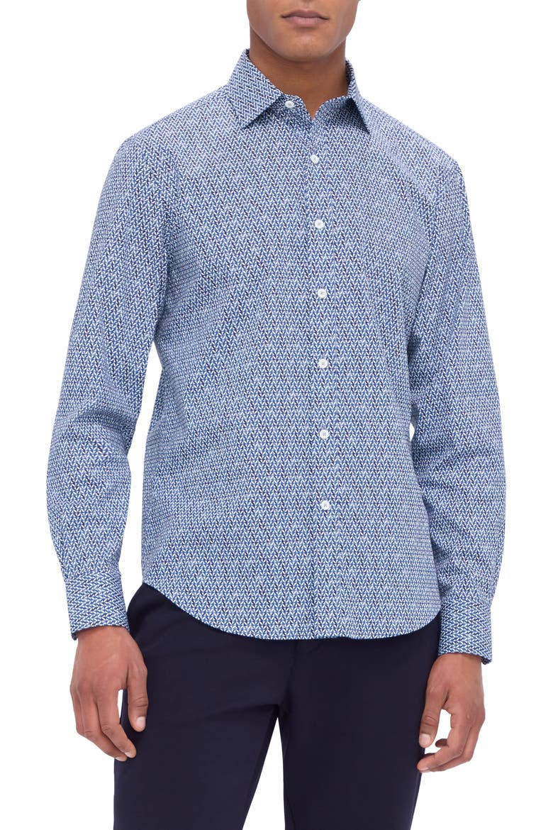 Axel Shaped Fit Geo Print Stretch Button-Up Shirt, Main, color, CLASSIC BLUE