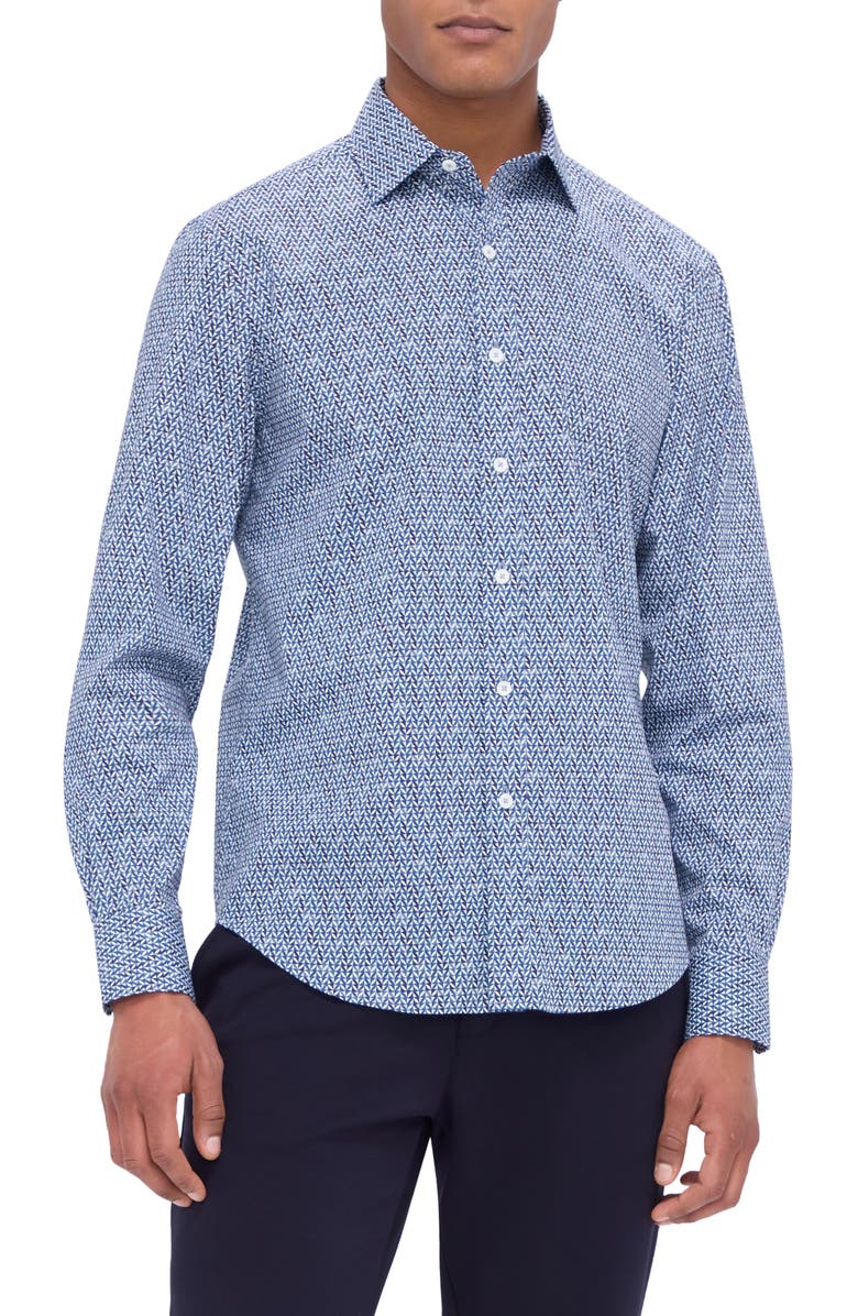 Bugatchi Axel Shaped Fit Geo Print Stretch Button-Up Shirt, Main, color, Classic Blue