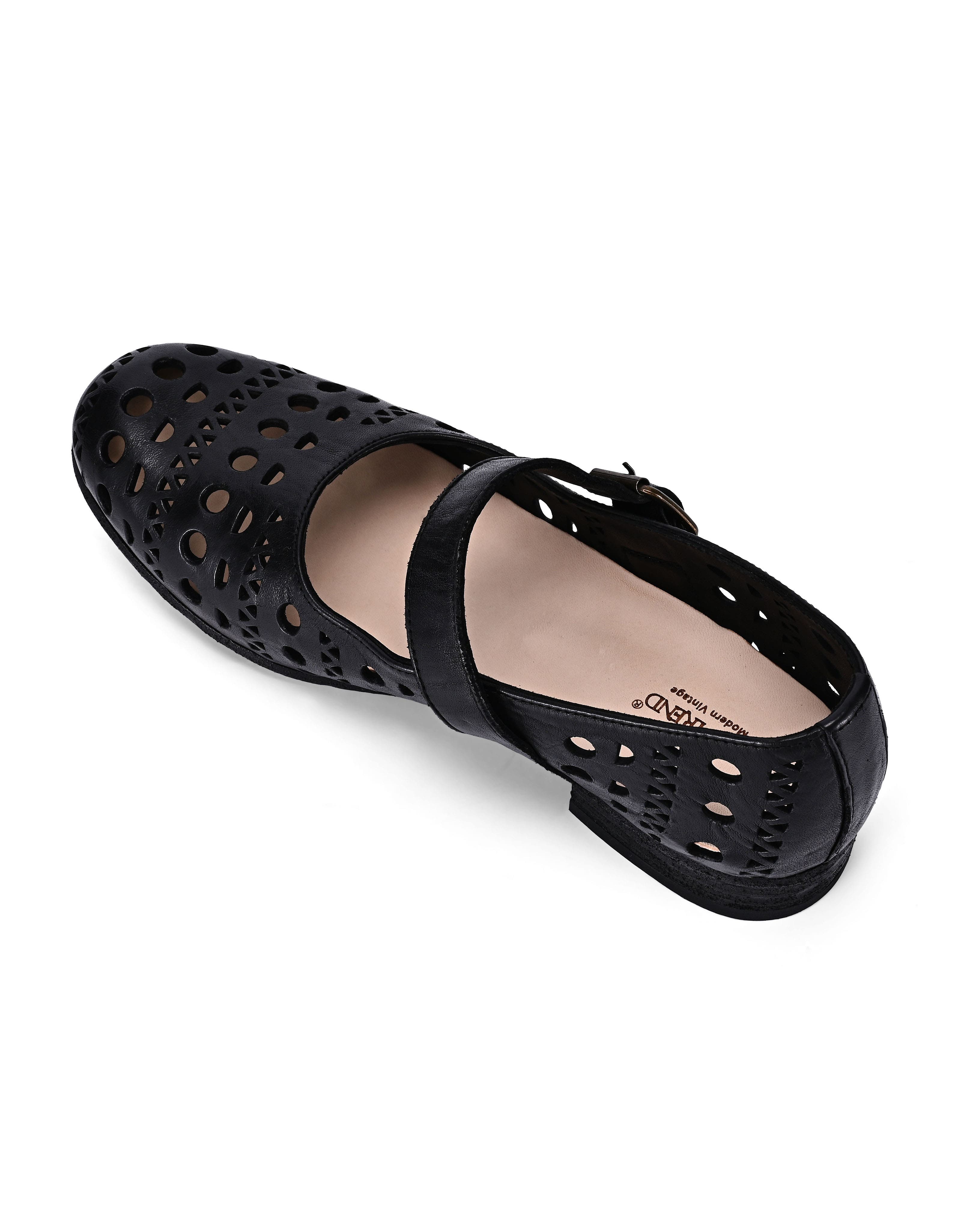 OLD TREND Retro Genuine Leather Breathable Cutout Mary Jane Flat, Alternate, color, Black
