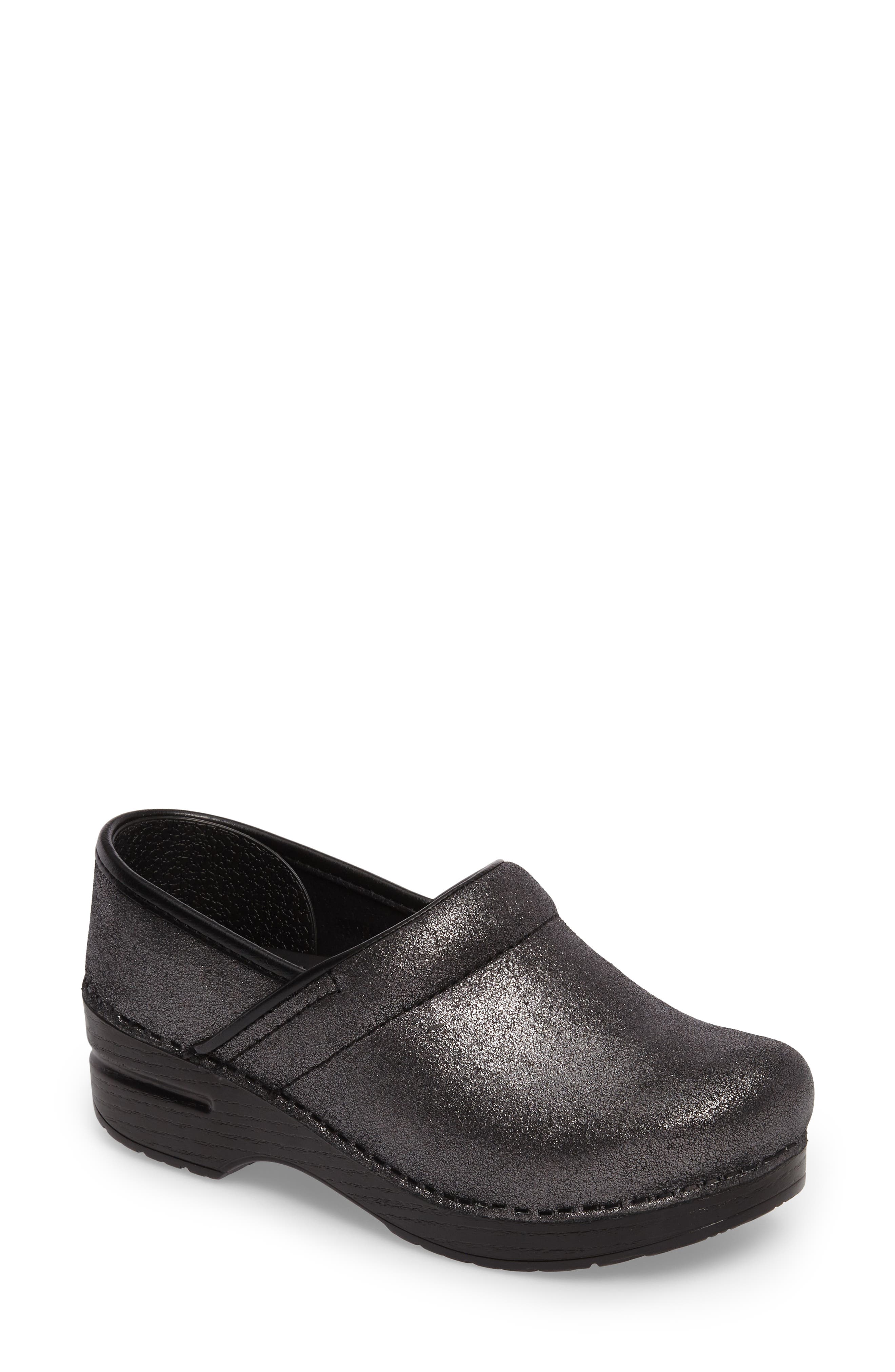 Distressed Professional Clog, Main, color, BLACK METALLIC SUEDE