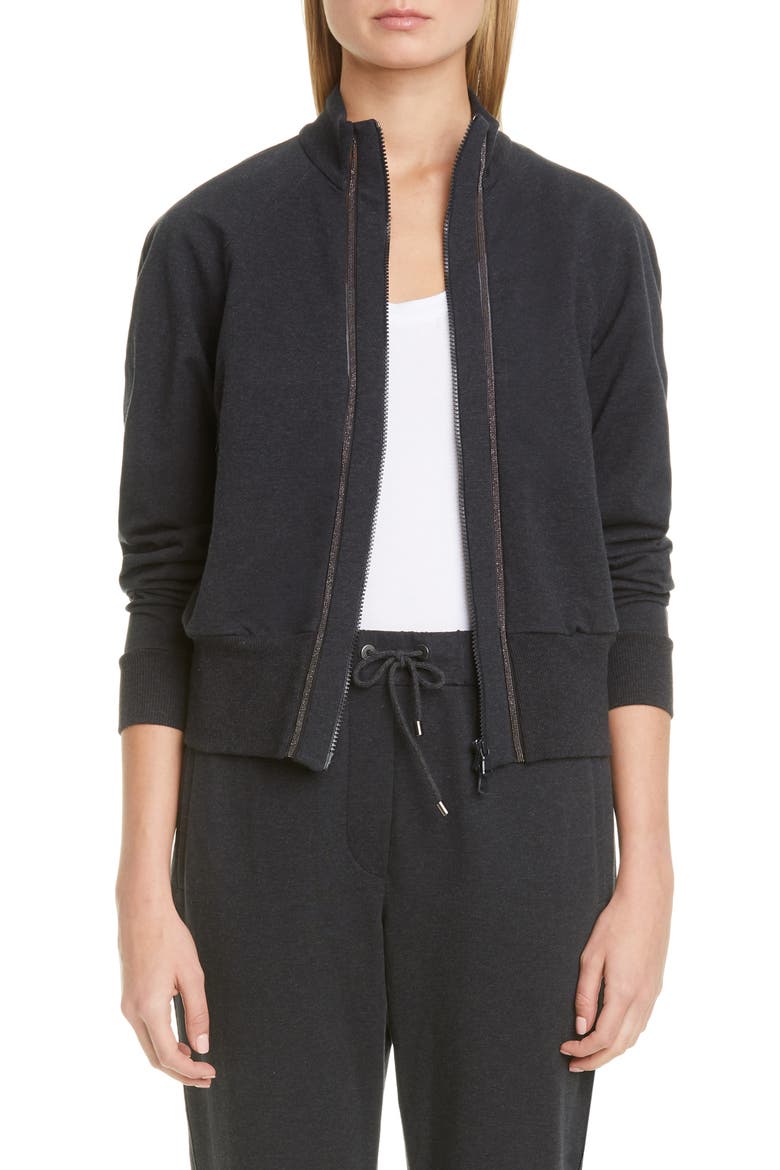 Monili Inset Zip Front Cotton Sweatshirt, Main, color, ANTHRACITE