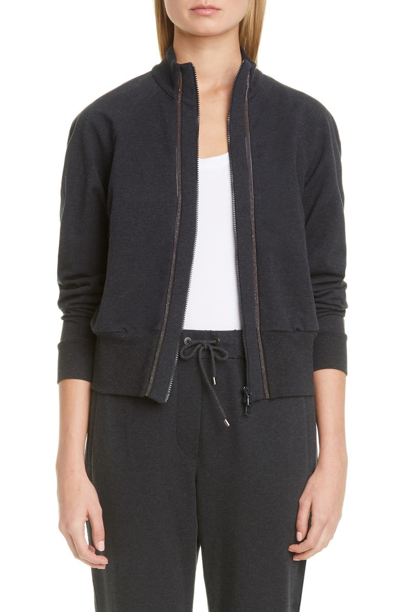 Brunello Cucinelli Monili Inset Zip Front Cotton Sweatshirt, Main, color, 