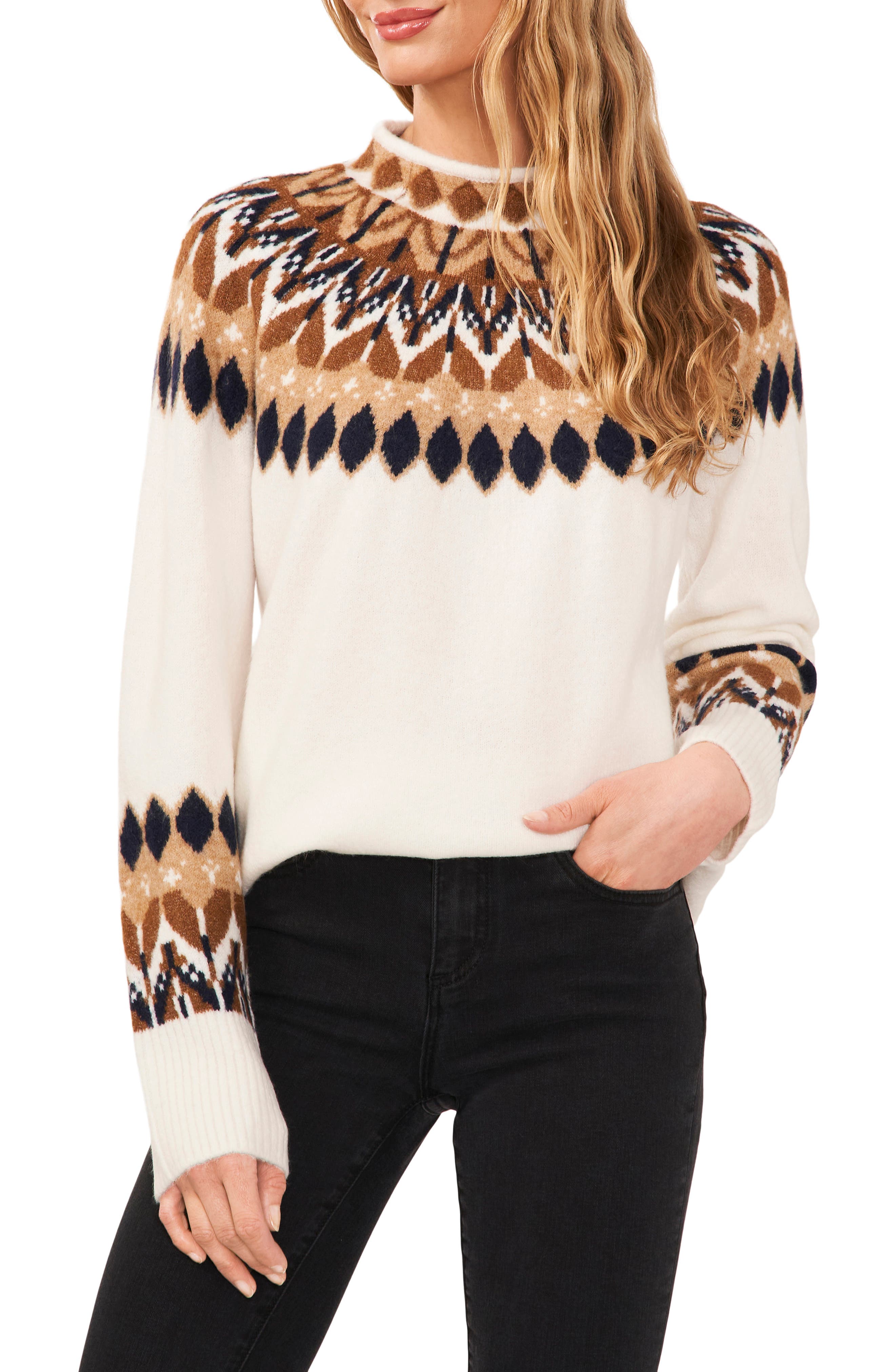 CeCe Fair Isle Funnel Neck Sweater