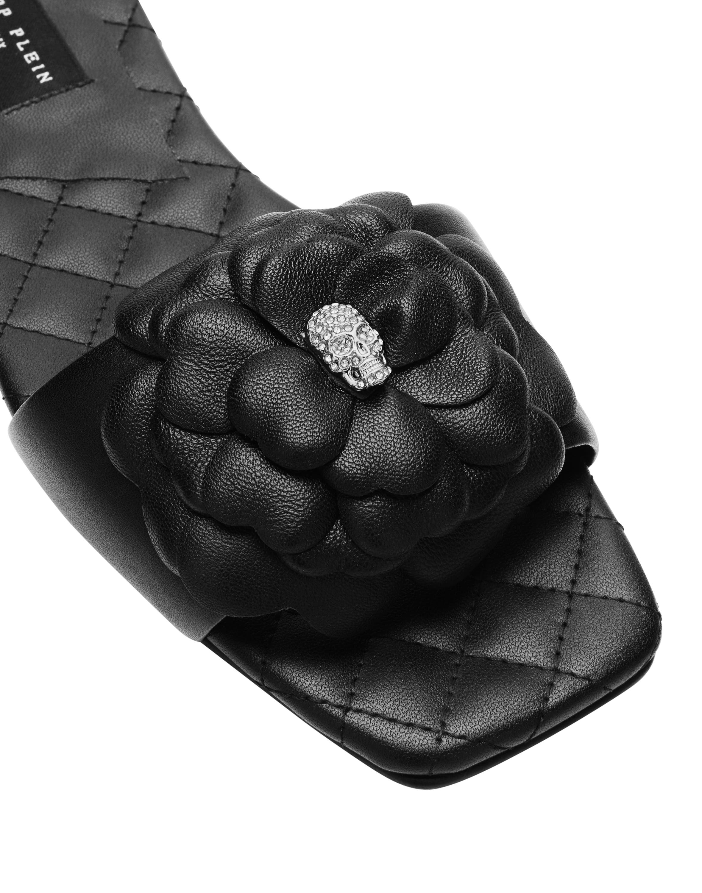 Leather Flat Slides Flower Women, Alternate, color, black