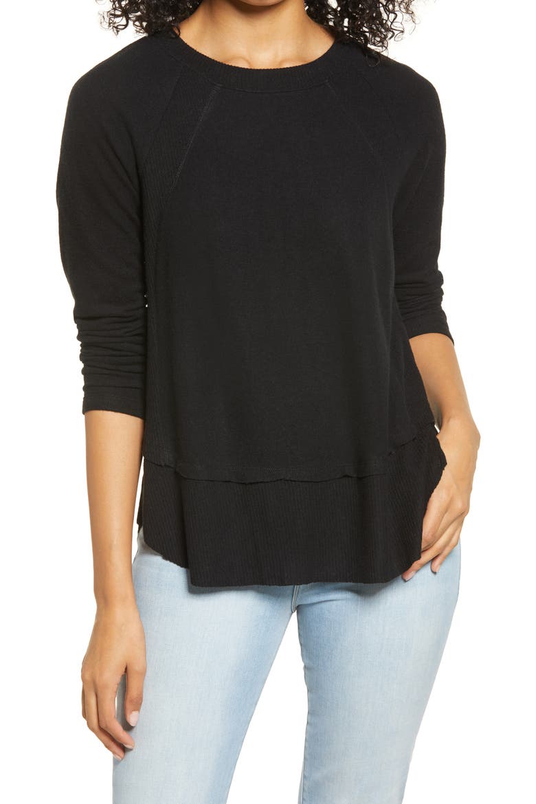 Cozy Ribbed Inset Layered Tunic, Main, color, BLACK