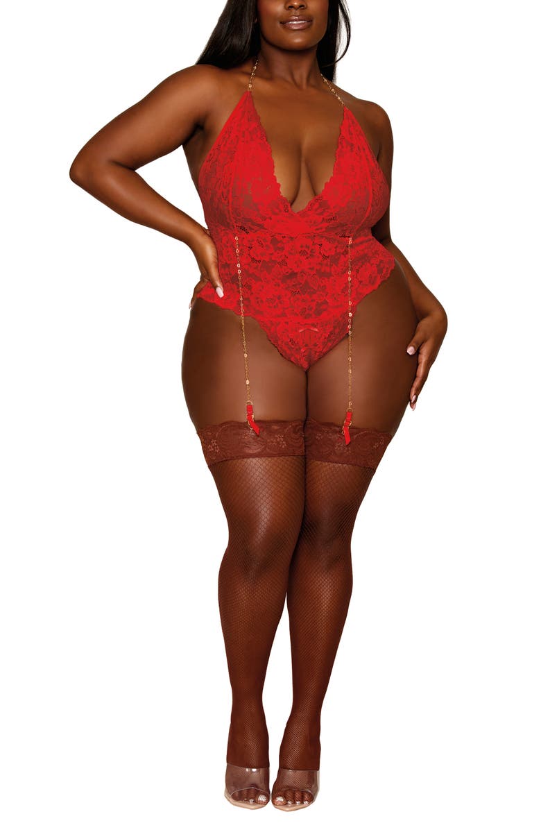 Dreamgirl Lace Teddy with Heart Chain Garter Straps, Alternate, color,