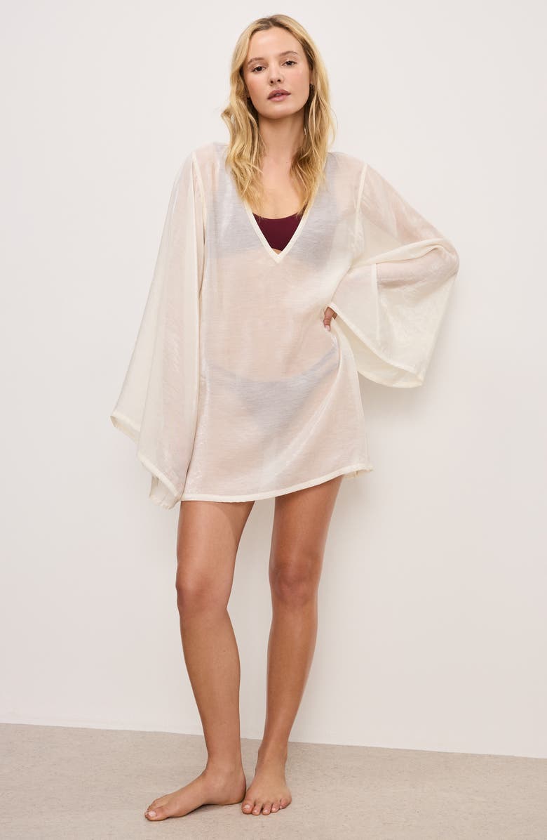 Good American Plunge Long Sleeve Sheer Cover-Up Tunic, Alternate, color, Cloud White001