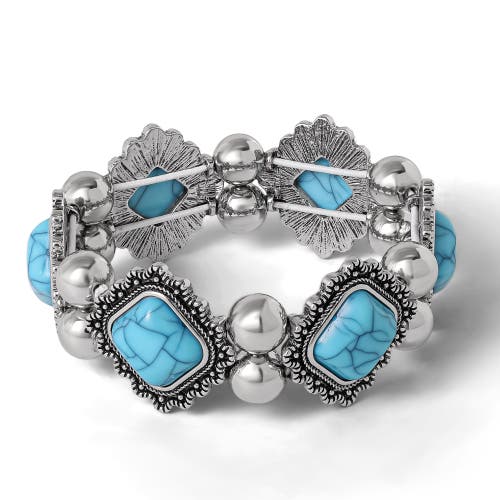 Jessica Simpson Turquoise And Silver Stretch Bracelet With Western Motif In Blue