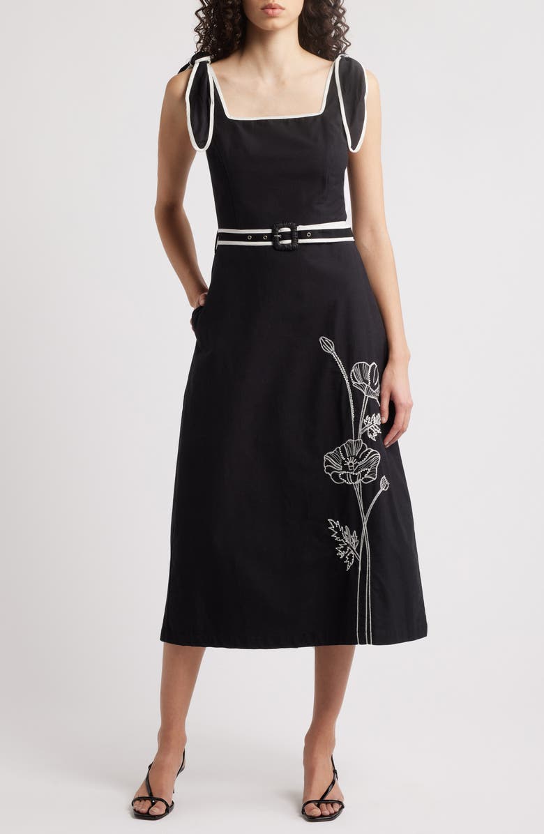 CIEBON Paola Embroidered Shoulder Tie Midi Dress, Main, color, 