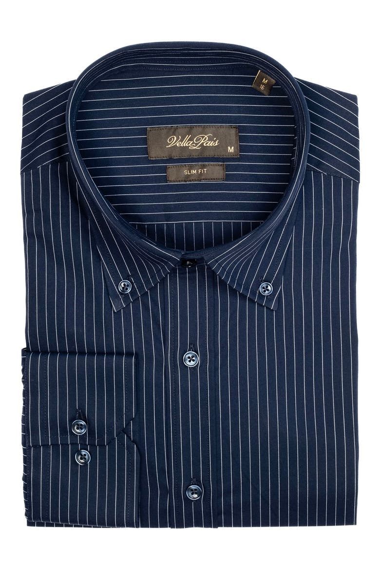 Stripe Cotton Slim Fit Button Down Shirt, Alternate, color, NAVY BLUE
