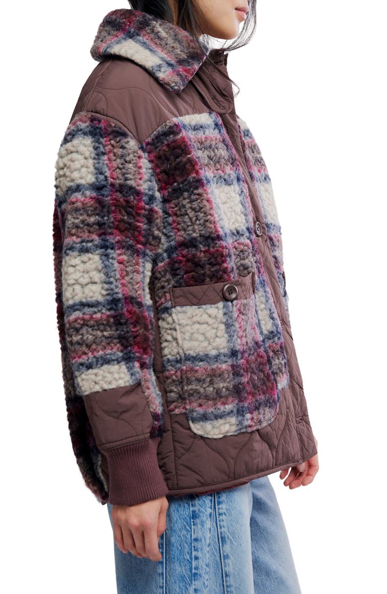 Free People Sana Quilted Plaid Fleece Bomber Jacket, Alternate, color, Pomegranate Combo