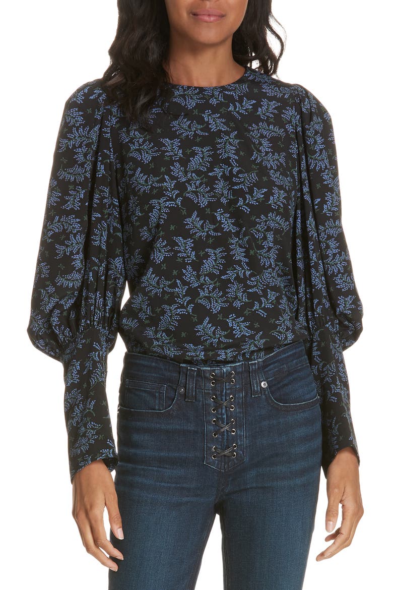 Clarke Puff Sleeve Stretch Poplin Top, Main, color, BLACK/ BLUE