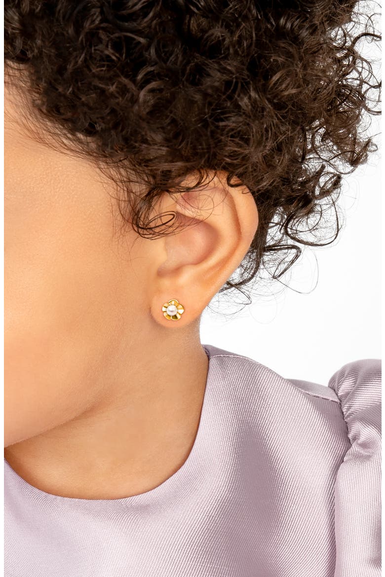 14K Gold Ruffled Petals with Pearl Studs Screw Back Earrings, Alternate, color, 14K Yellow Gold