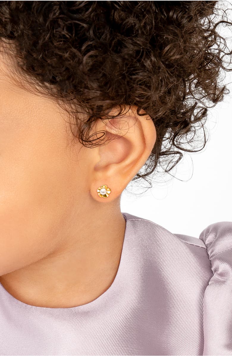 Tiny Blessings 14K Gold Ruffled Petals with Pearl Studs Screw Back Earrings, Alternate, color, 14K Yellow Gold