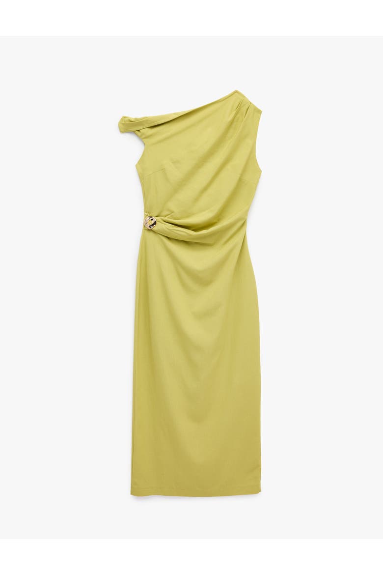 Linen Blend Accessory Detail Asymmetric Neck Midi Dress, Alternate, color, GREEN