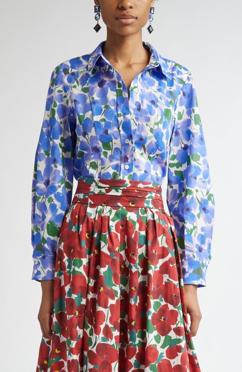 Carolina Herrera Floral Stretch Cotton Button-Up Shirt, Main, color, 