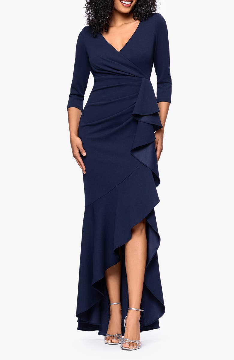 Betsy & Adam Ruffle Scuba Crepe Faux Wrap High-Low Mermaid Gown, Main, color, Navy