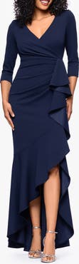 Betsy & Adam Ruffle Scuba Crepe Faux Wrap High-Low Mermaid Gown