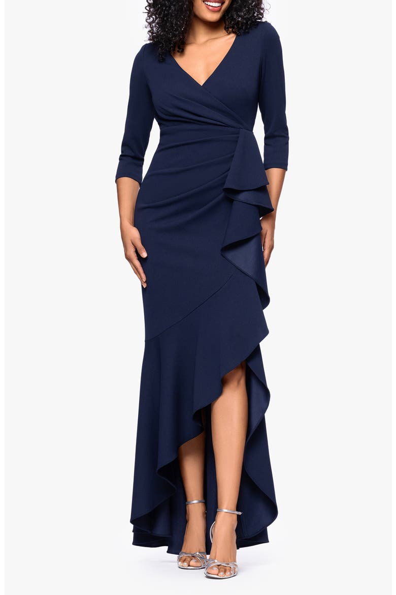 Ruffle Scuba Crepe Faux Wrap High-Low Mermaid Gown video