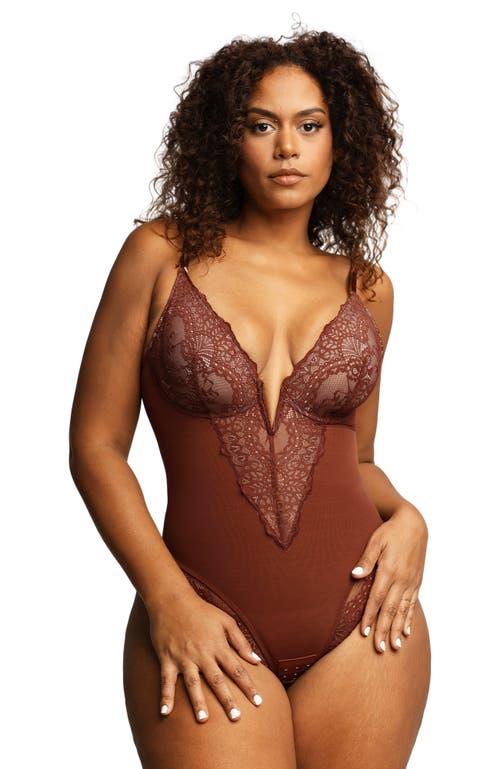 Popilush Shapewear Lace Deep V-Neck Sculpting Thong Bodysuit in Deep Coffee at Nordstrom, Size Small
