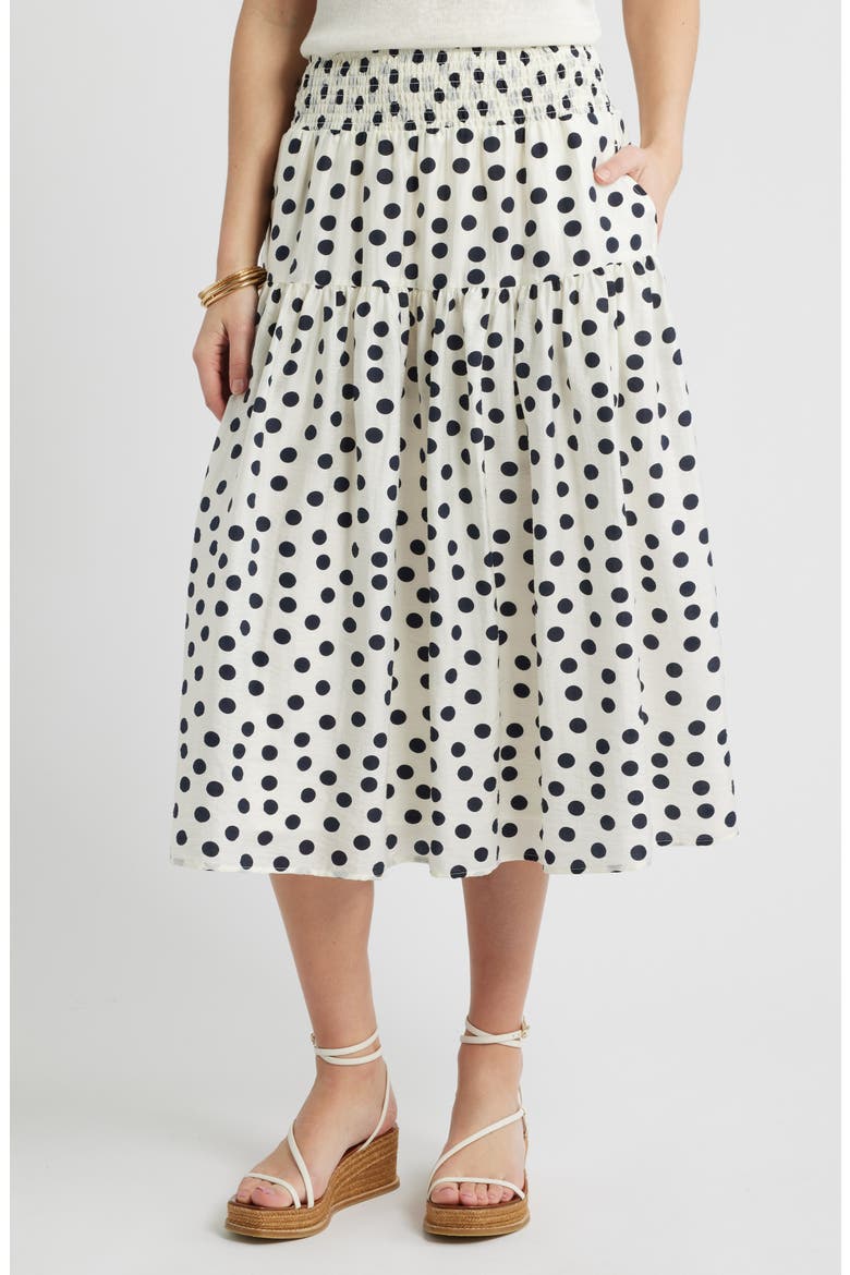 Tiered Print Midi Skirt, Main, color, IVORY- NAVY ANNIE DOT