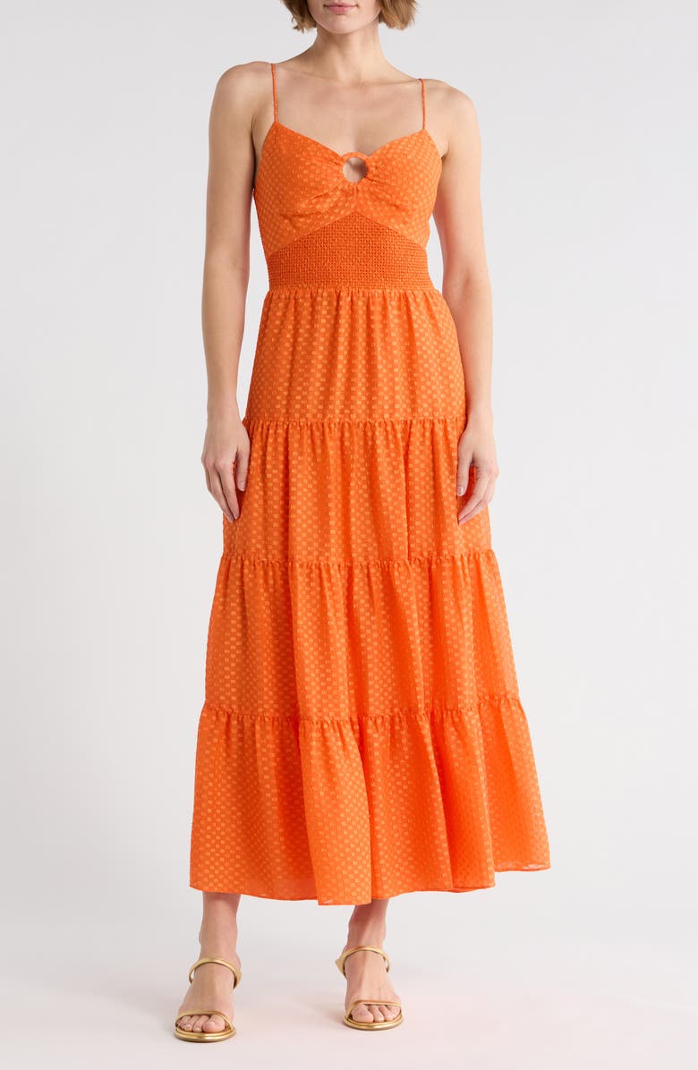 Alice + Olivia Clea Tiered Midi Sundress, Main, color, Light Mango