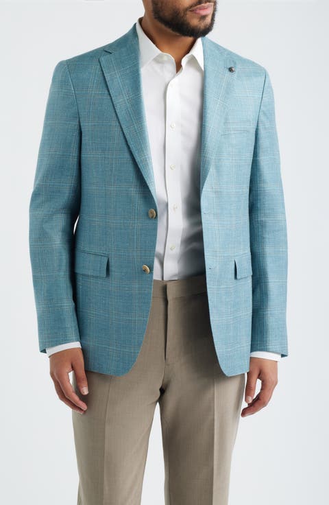 Midland Contemporary Fit Teal Plaid Slub Wool Blend Sport Coat