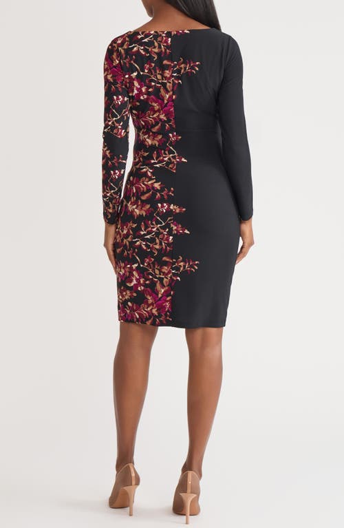 Kasper Floral Long Sleeve Side Ruched Jersey Dress In Burgundy