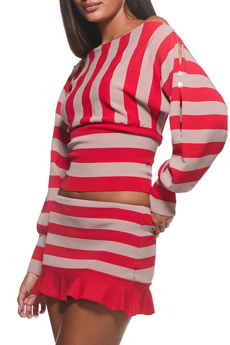 Juniper Off the Shoulder Striped Sweater, Alternate, color, RED AND MUSHROOM