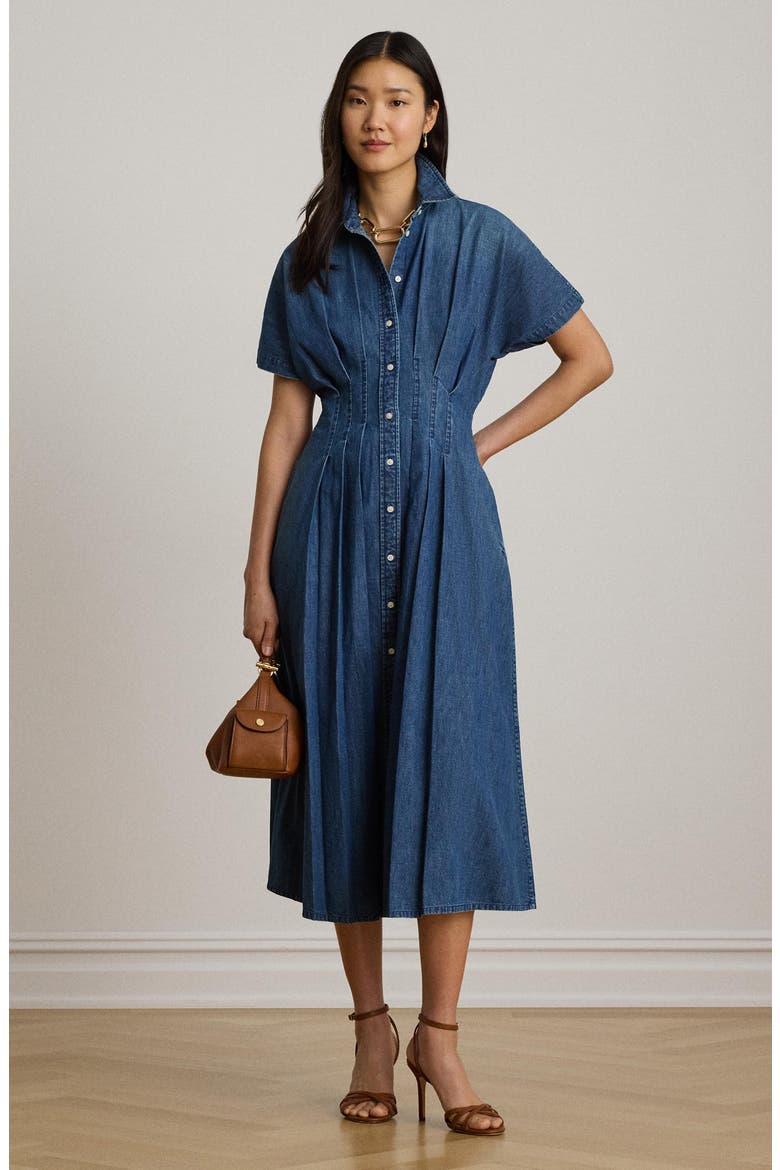 Pleat Denim Shirtdress, Alternate, color, ATLANTIC BLUE WASH