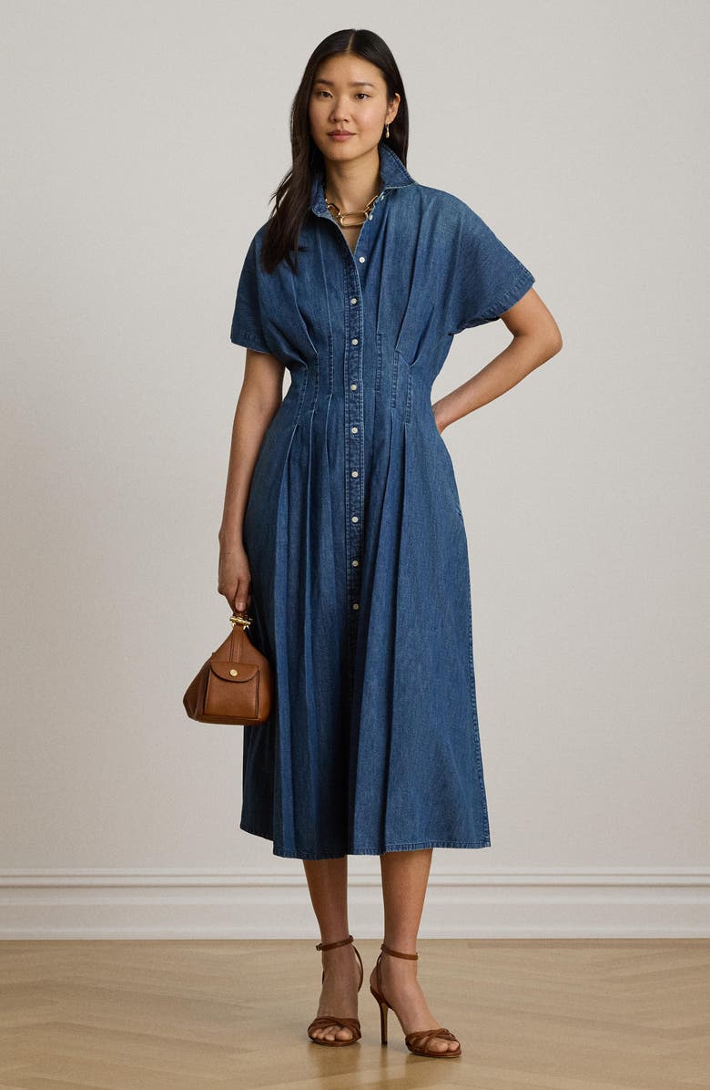 Lauren Ralph Lauren Pleat Denim Shirtdress, Alternate, color, Atlantic Blue Wash
