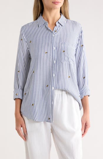 Beachlunchlounge Kaylee Heart Stripe Long Sleeve Button-up Shirt In Blue