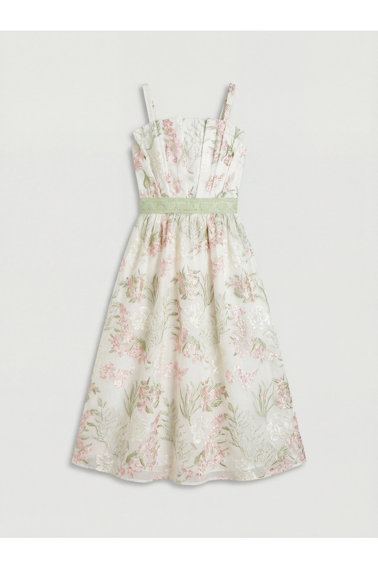 Fan Bodice Embroidered Mesh Midi Dress, Alternate, color, Ivory