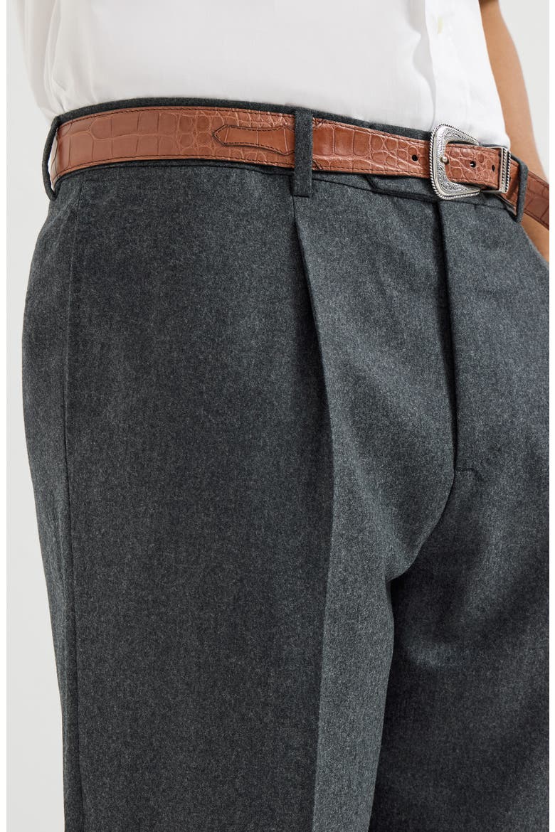 Virgin wool flannel trousers with pleat, Alternate, color, Dark Grey