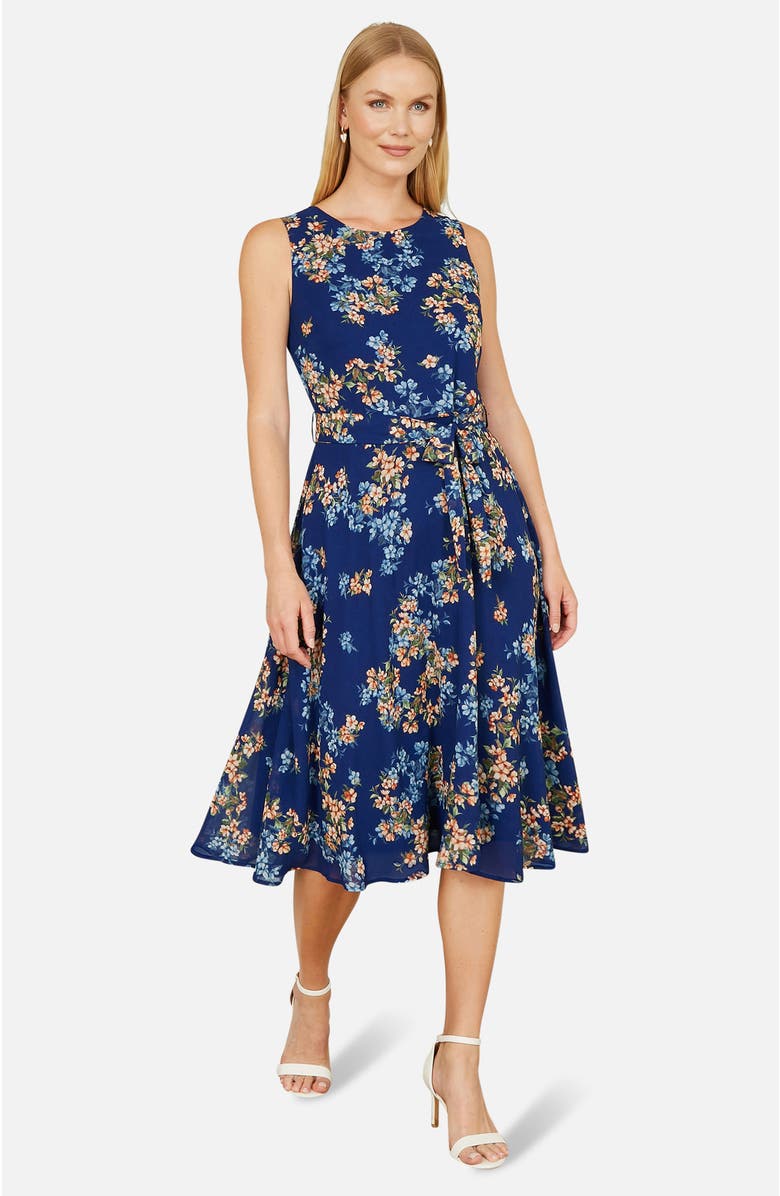 Yumi Floral Skater Sleeveless Midi Dress, Main, color, Blue