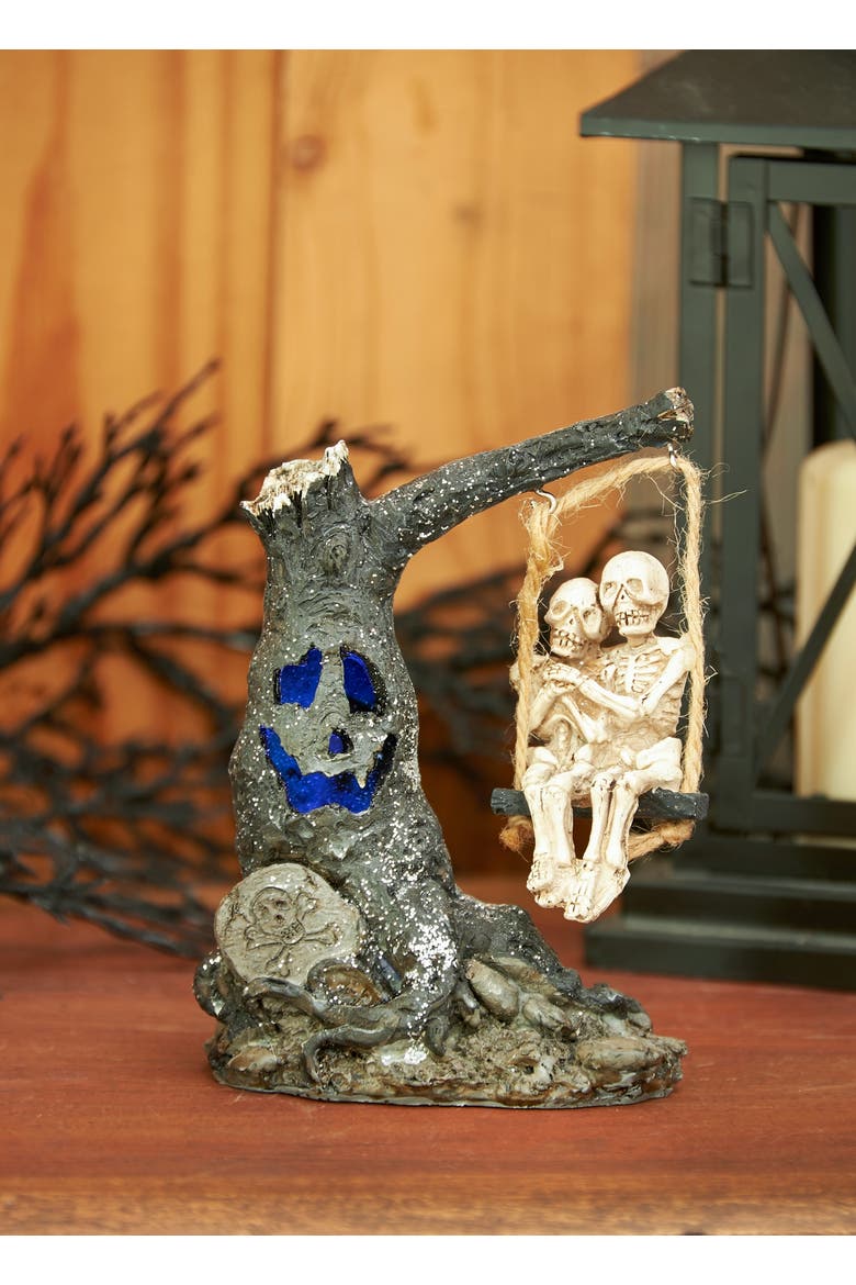 Glowing Eyes Halloween Tree & Skeleton Couple Swing Light-Up Led Figurine, Alternate, color, Brown