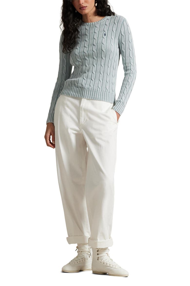 Cable Knit Cotton Crewneck Sweater, Alternate, color, LIGHT CHAMBRAY