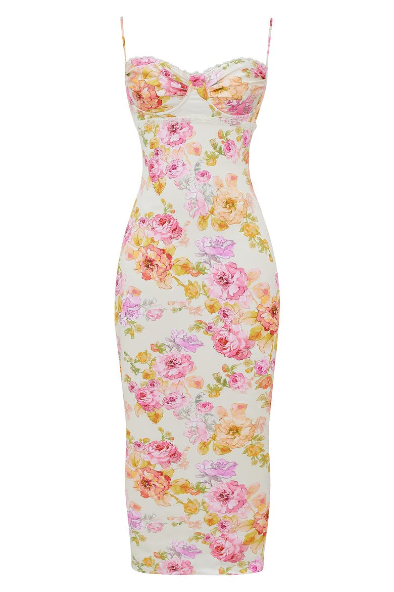 Josefina Floral Bustier Bodice Stretch Satin Body-Con Dress, Alternate, color, IVORY FLORAL