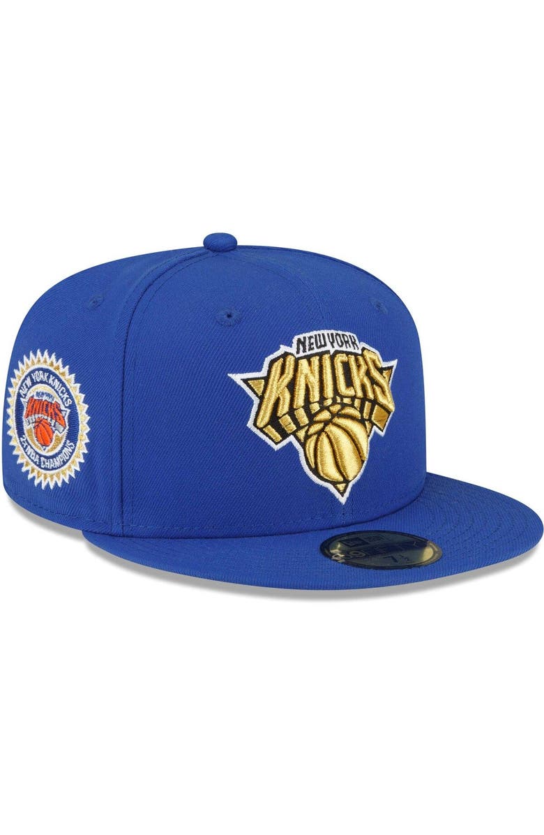 New Era Men's New Era Blue New York Knicks 2x NBA Champions Metallic Undervisor 59FIFTY Fitted Hat, Main, color,