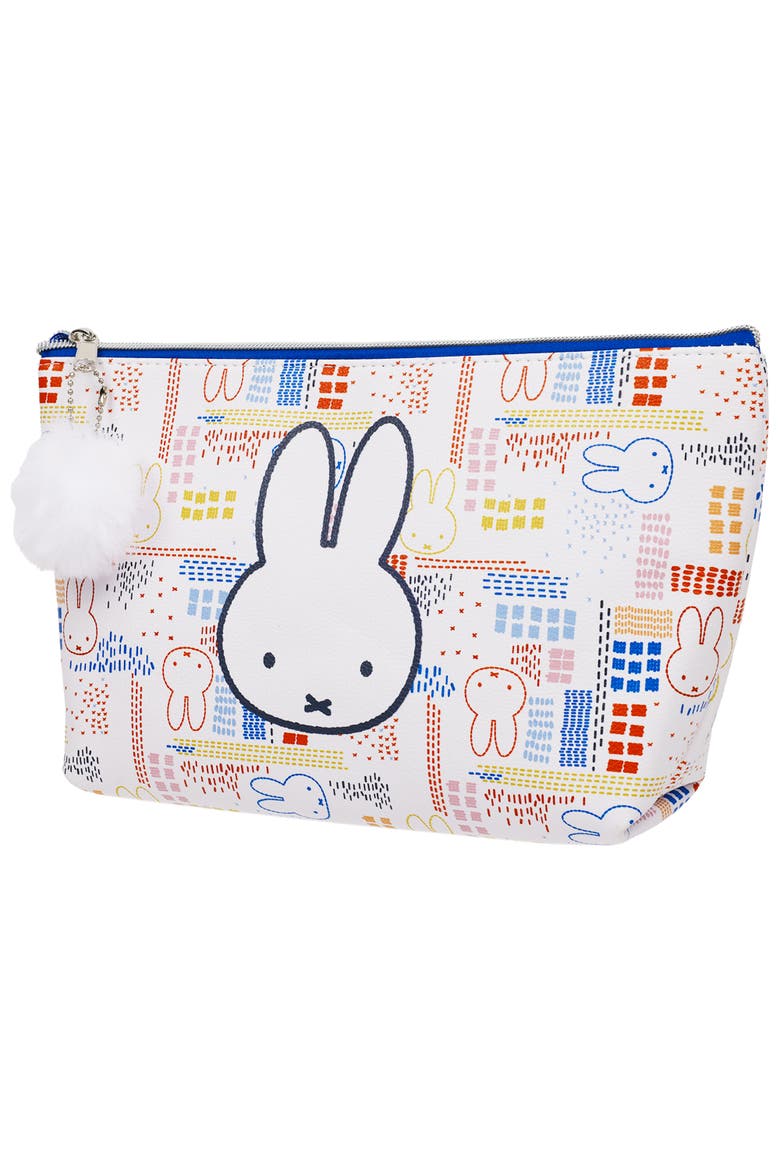 Allover Print Trapezoid Cosmetic Bag with Pom-Pom Charm, Alternate, color, Blue/White