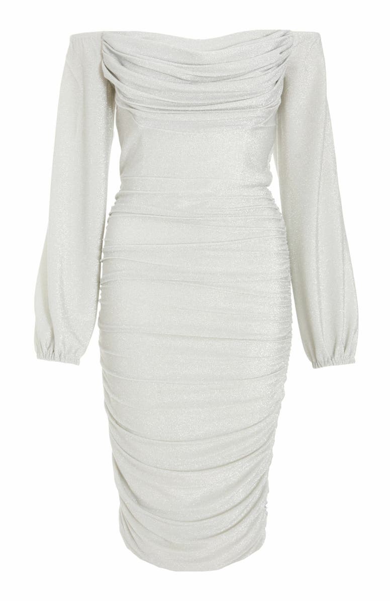 QUIZ Stretch Shimmer Cowl Bardot Midi Dress, Alternate, color,