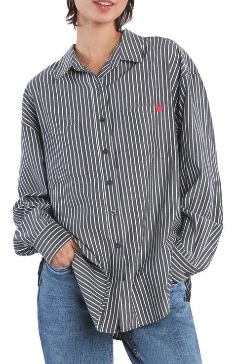 What? Stripe Embroidered Graphic Button-Up Shirt